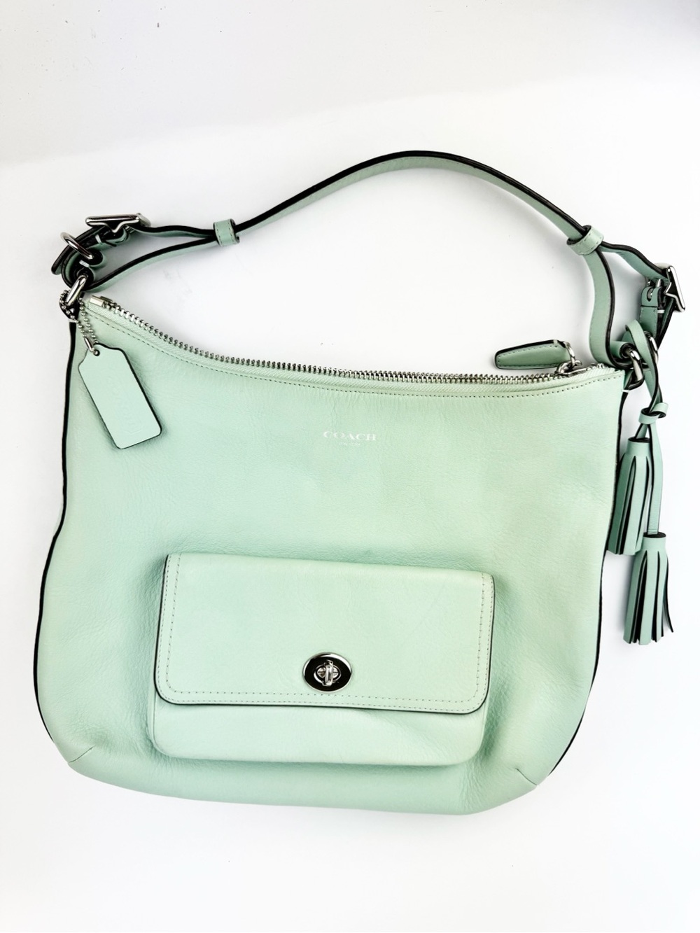Coach 2012 Legacy Courtney Mint Green Leather Hobo Crossbody Bag Tassels